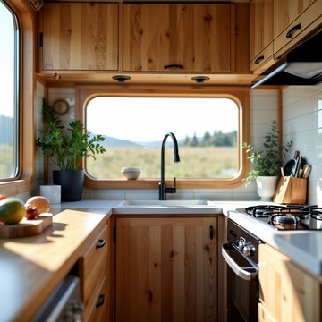 Modern tiny house kitchen. Bright, modern kitchen in a tiny home with wooden cabinets, white countertops, and a view of nature.