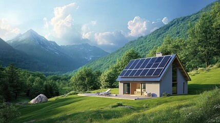 House with solar panels in mountains.