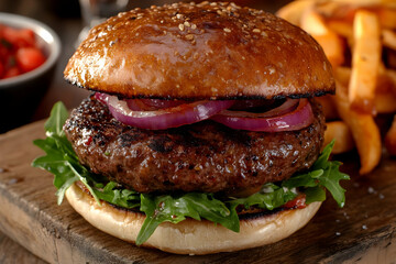 Juicy grilled beef burger on a brioche bun with red onion, arugula, and french fries.