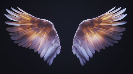 Obraz premium Glowing transparent wings displayed against dark background, showcasing intricate feather details and soft gradient of colors. ethereal beauty evokes sense of wonder and fantasy