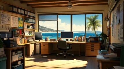 Bright office overlooks ocean with desk, shelves, and computers.