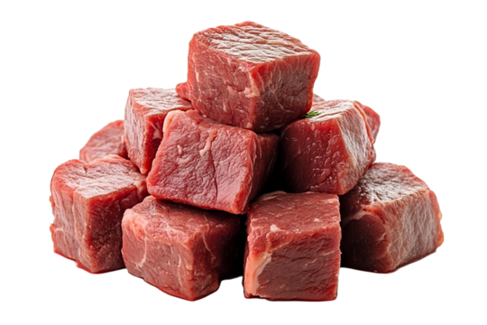 Fresh beef cubes ready for cooking isolated on transparent background