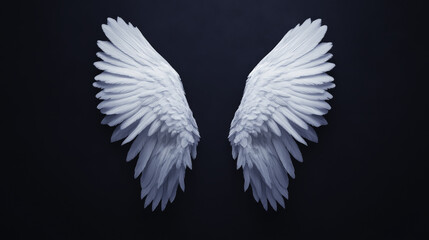 Fototapeta premium Ethereal white angel wings glowing faintly against dark background, creating mystical and serene atmosphere. Perfect for themes of spirituality and beauty