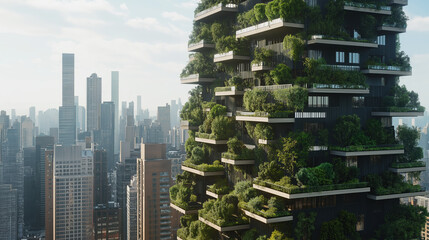 Green architecture tower with urban cityscape and vertical garden