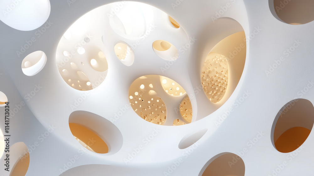 Poster intricate architectural design featuring a white structure with circular openings illuminated by sof