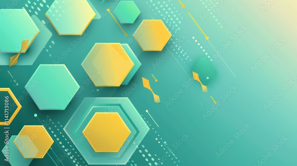 Aufkleber abstract design featuring hexagons and dynamic lines in a teal and yellow color scheme.