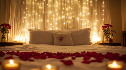 Candles, rose petals on the bed, and soft lighting for a romantic evening