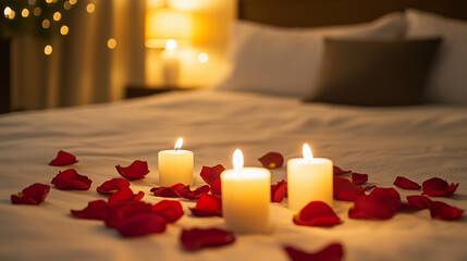 Candles, rose petals on the bed, and soft lighting for a romantic evening