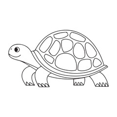Coloring page of cartoon cute happy turtle for design element. Vector illustration of funny sea animal on a white background. Сhildren's coloring book with color example.