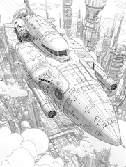 Aircraft in the Future city coloring page in cartoon style. Futuristic airplane and buildings illustration in hand drawing sketch coloring book.