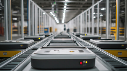 Obraz premium Automated warehouse with conveyor belts and robotic systems optimizing logistics