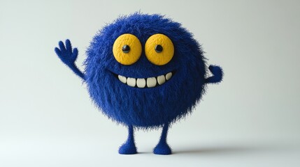 Fototapeta premium Blue fluffy character with yellow eyes and smile waves.