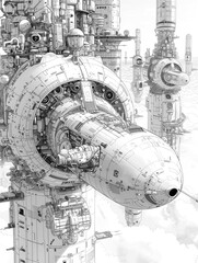 Aircraft in the Future city coloring page in cartoon style. Futuristic airplane and buildings illustration in hand drawing sketch coloring book.