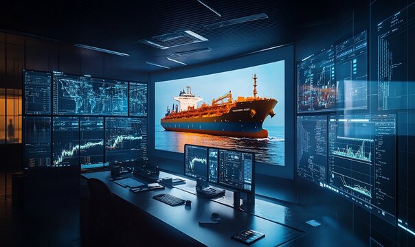 A high-tech control room displaying maritime data and a cargo ship image.