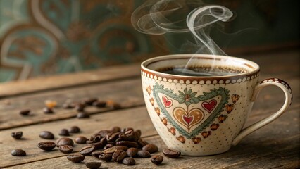 Coffee Break: A steaming cup of coffee with a heart-shaped design rests on a rustic wooden table, surrounded by scattered coffee beans. The warm.