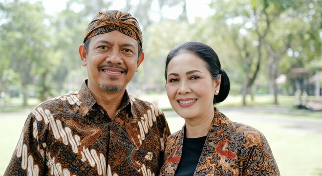 Mature indonesian couple in traditional batik attire enjoying a sunny day in the park
