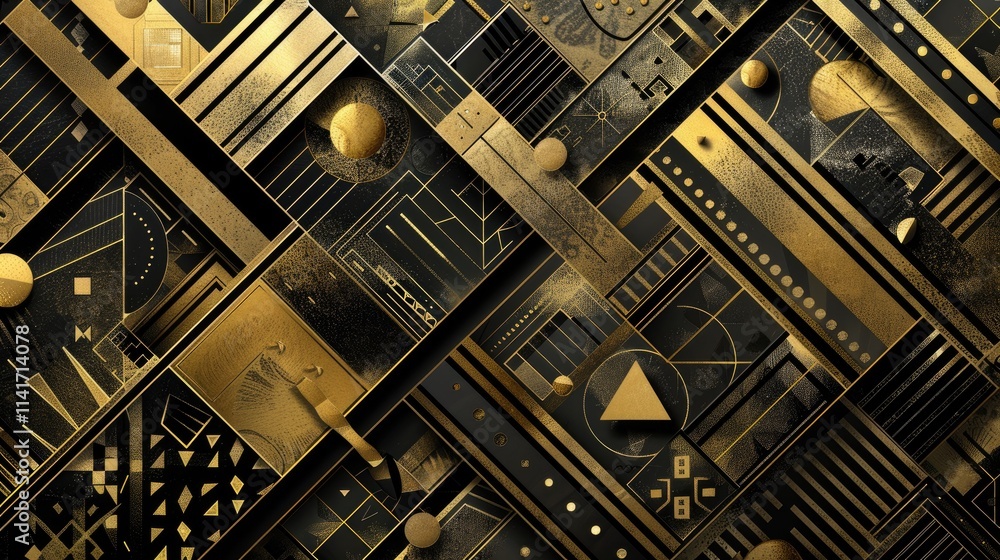 Aufkleber abstract geometric design featuring gold and black patterns with various shapes and lines.