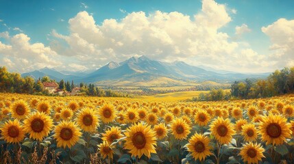 Obraz premium Sunflowers bloom in field, mountains in background.