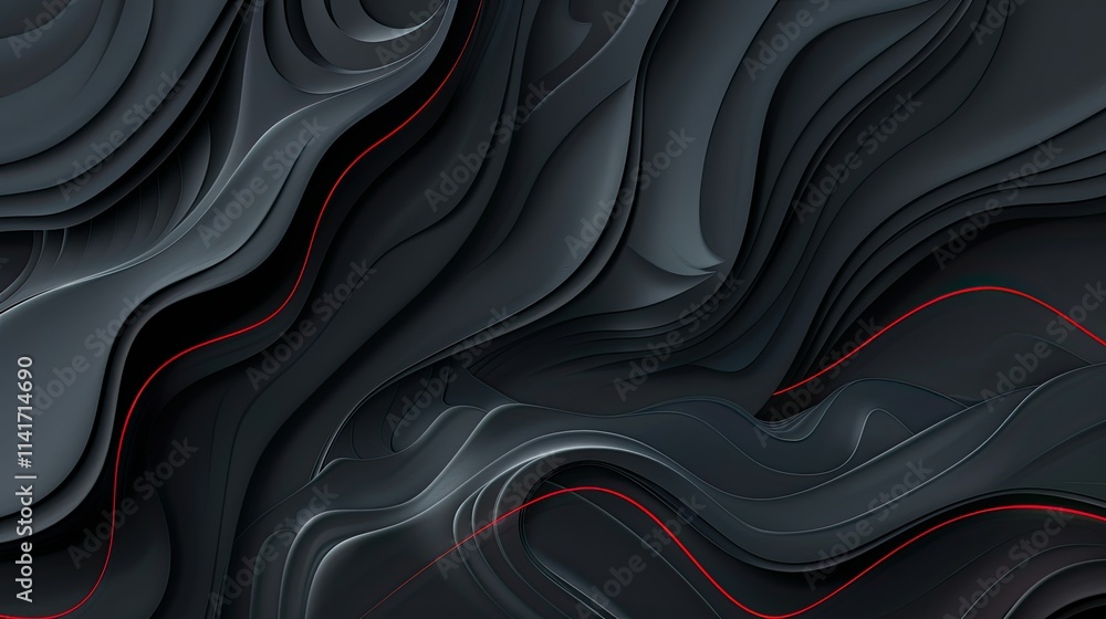 Poster abstract wavy design with smooth textures and subtle red accents on a dark background.