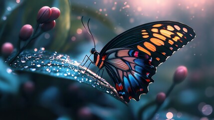 Vibrant butterfly perched on dew-kissed leaf amidst blossoming buds.