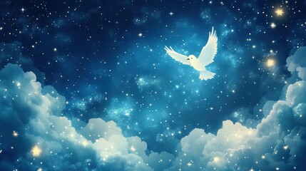 Obraz na płótnie Canvas Dove soaring through starry, cloudy night sky.