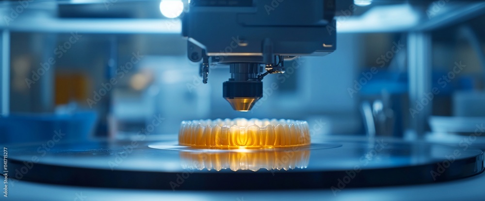 Poster a precision laser cutter engraving a circular object in a high-tech environment.