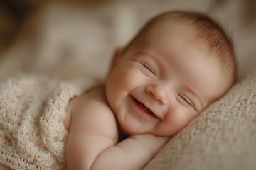 Happy smiling newborn baby sleeping peacefully on soft beige fabric.