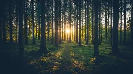 Obraz premium Sunset in a dense forest with tall trees and a path.