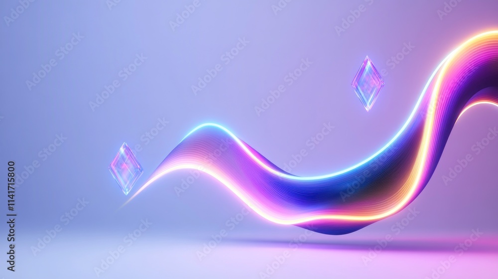 Poster abstract wave with glowing elements and crystals in a soft gradient.