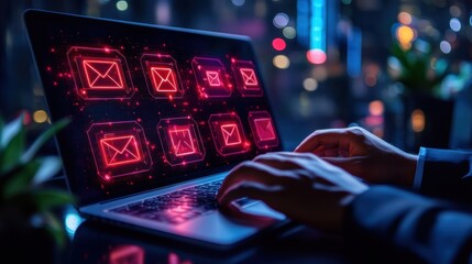 Digital Mail Notifications with Red Counter Badges Office Graphic Design Urban Night Close-Up View Technology Concept