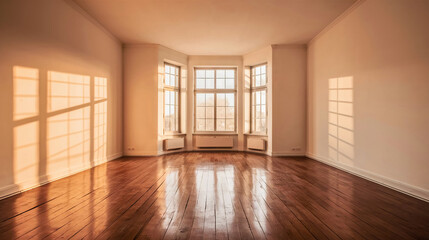white empty room with wooden floor and window with sunlight, room studio interior design background.