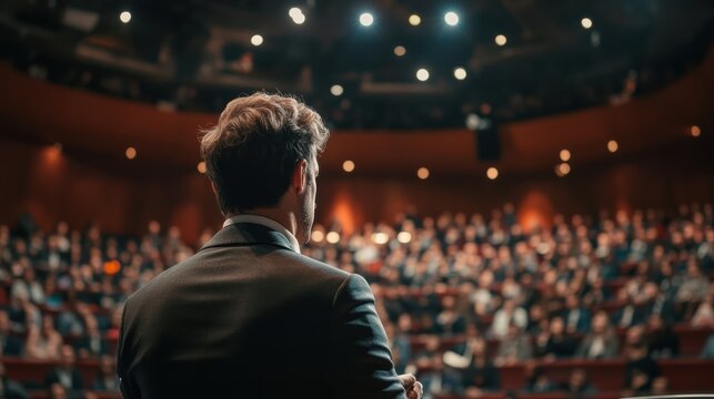 Under bright lights, a charismatic speaker stands confidently before a captivated audience in a grand auditorium, sharing insights and inspiring ideas during a significant conference event