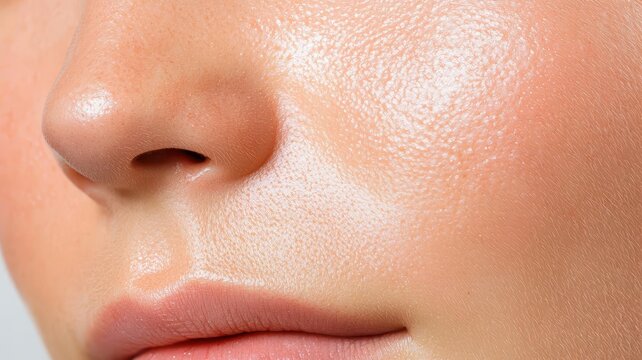 3D Macro close up of facial skin with clogged pores, showing the texture and appearance of blackheads, symbol of acne and skincare concerns, clean minimal background