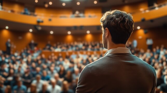 A dynamic speaker stands before a captivated audience in a large conference hall. Attendees listen intently, anticipating valuable insights during an engaging session