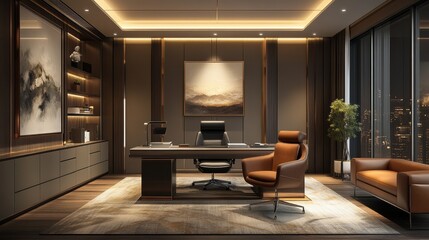Fototapeta premium A sophisticated office space features a stylish desk, comfortable seating, and elegant decor, illuminated softly by ambient lighting at twilight. The view outside hints at a bustling city