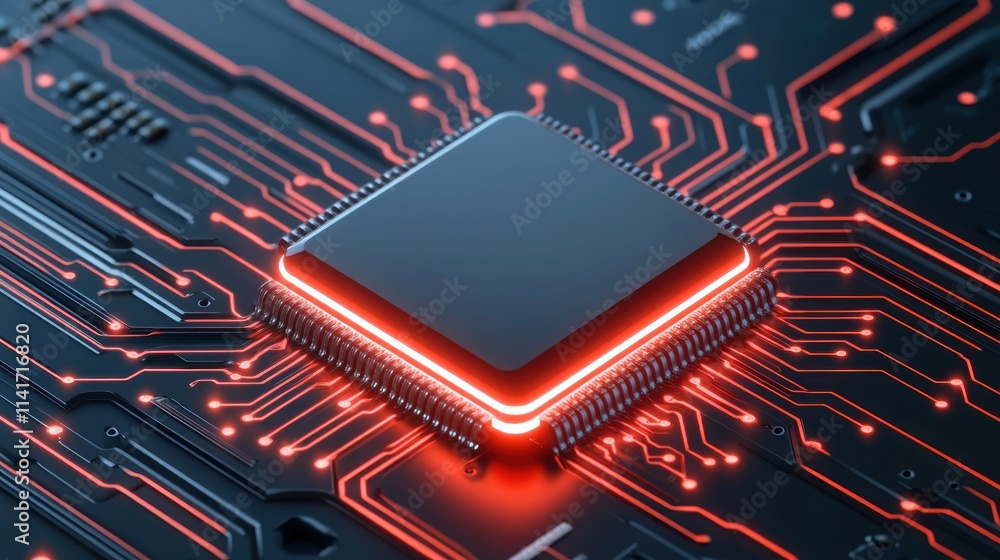 Poster a close-up of a microchip on a circuit board with glowing lines.