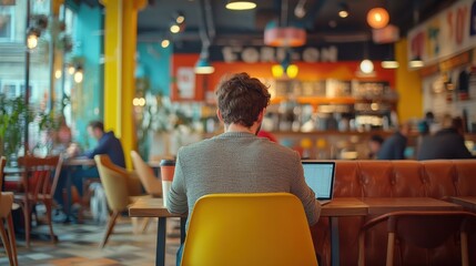 Inside a bustling cafe, a person in a stylish jacket sits at a yellow chair, intently working on a laptop. The bright colors and lively ambiance create an inviting atmosphere perfect for productivity