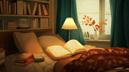 Bedside Reading - A cozy scene of someone reading under a lamp, with books scattered around the bed