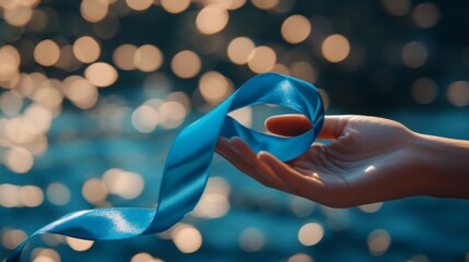 A hand gently holds a blue awareness ribbon