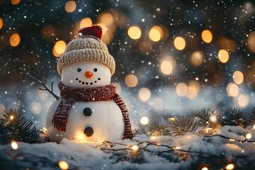 Obraz premium Winter holiday Christmas background, closeup of snowman with wool hat and scarf, bokeh lights, snowy landscape 