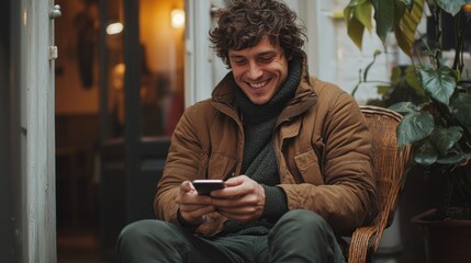 A man is sitting in a chair and looking at his cell phone