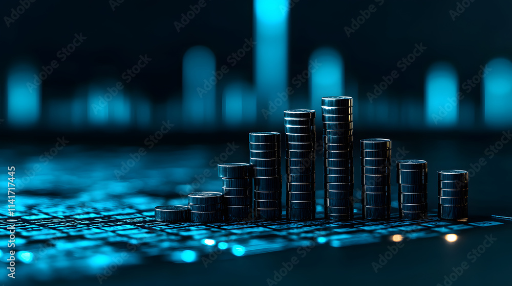 Poster a digital representation of stacked coins on a futuristic grid, symbolizing growth, finance, and inv