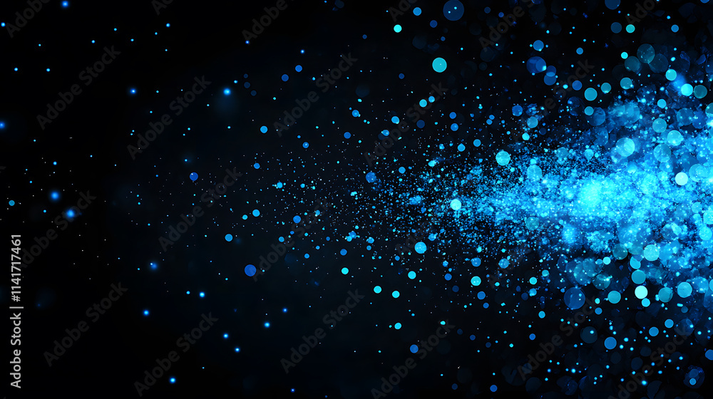 Poster A vibrant abstract background featuring blue particles and light effects set against a dark backdrop, creating a dynamic and energetic visual