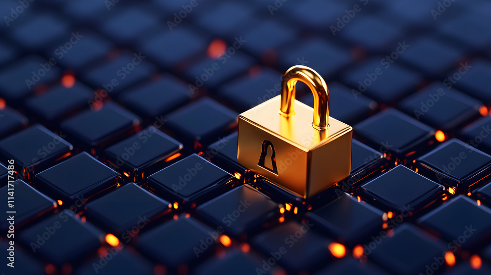 Poster a golden padlock sits on a dark, glossy surface, symbolizing security and protection in a digital co