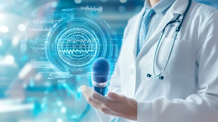 A medical professional using voice recognition software to input private patient information, ensuring confidentiality in a high-tech setting 