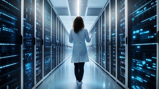 A healthcare worker standing in front of a secure server room, emphasizing the protection of electronic health records and patient privacy 