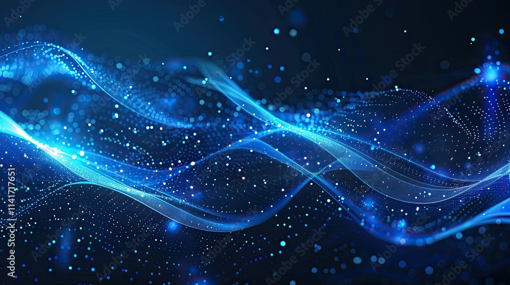 Poster abstract blue waves with glowing particles, representing digital technology and data flow.