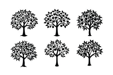 vector of Peach Tree (Prunus persica) design, labeled vector art, linocut silhouette illustration.
