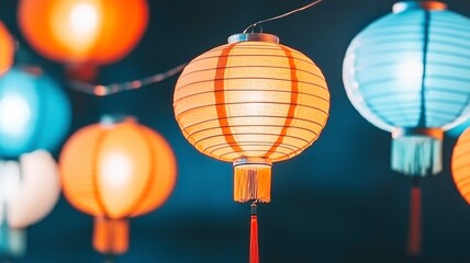 Obraz premium Chinese New Year festive spirit concept. Colorful paper lanterns illuminate a night scene, creating a festive and warm ambiance.
