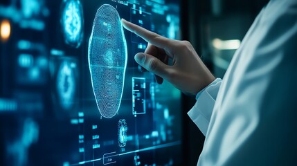 A doctor using a biometric authentication system to access a digital health record, representing advanced security measures for patient privacy 